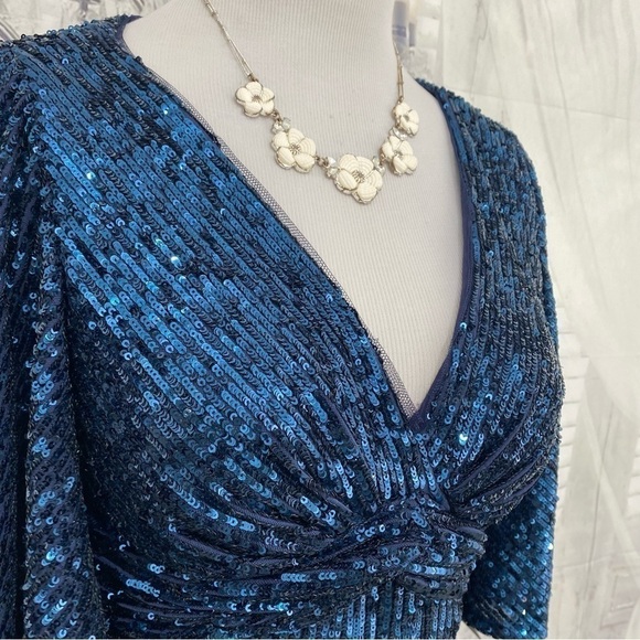 Adrianna Papell Sz 4 Blue Sequin Knee Dress V Neck Flutter Sleeve Sheath Formal - Picture 11 of 16